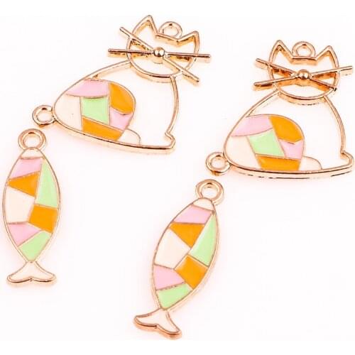 10Pcs Enamel Funny Cat And Fish Drop Oil Charms Animal Pendant Finding Diy Necklaces Bracelet Jewelry Supplies
