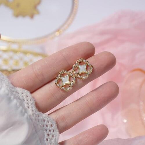 14k Real Gold Fashion Jewelry Simple Square Chain Zircon Star Shell Stud Earrings for Woman Holiday Daily Simple Earring
