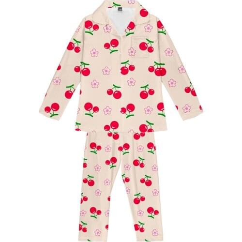 2020 Cherry fruit pattern Summer Silk Women Long Sleeve Pajamas Sets With Pants Silk Pijama Home Sleepwear 3D Print Pyjamas