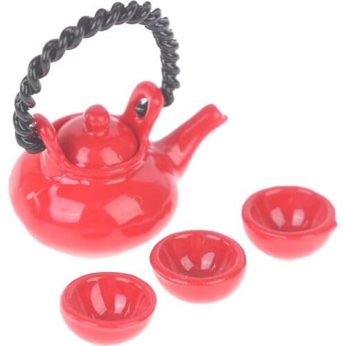 4pcs/Set 1: 12 Dollhouse Furniture Miniature Teapot Cup Plate 1 Teapot With Lid+ 3 Cups Dining Ware Toy Tea Set