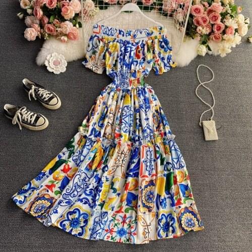 Amolapha Women Summer Vintage Sundress Short Sleeve Slash Neck Off Shoulder Floral Print Holiday Beach Style Big Swing Dress