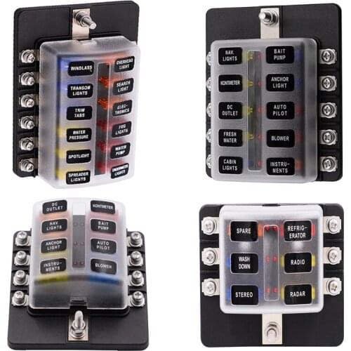 6/8/10/12 Ways Blade Fuse Box Holder 12V 32V for Car Boat Marine Caravan Trike Car Fuse Blocks with LED Indicator Warning Light