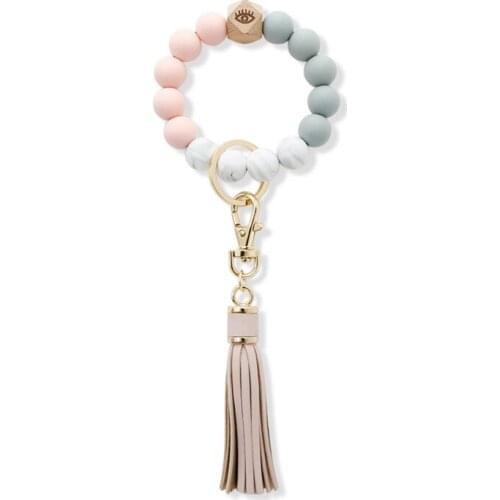 Natural Wood Eye Charm Bracelet keychain Wristlet Leather Tassel Food Grade Silicone Bead Key Ring Bracelet for Women