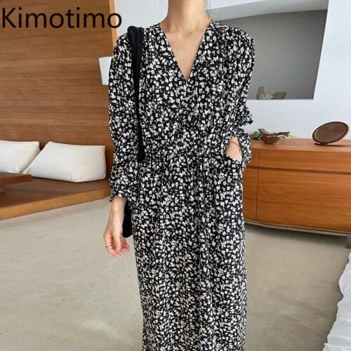 Kimotimo Elegant Floral Dress Women Korean Chic Vintage V-neck Design Belt Waist Full Sleeve Autumn New All-match Long Dresses