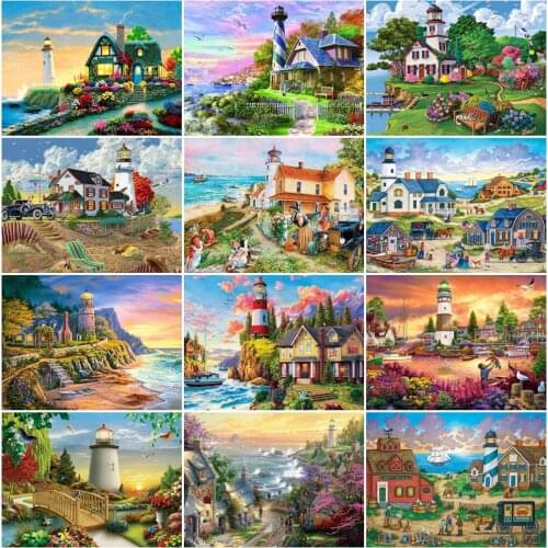 EverShine Diamond Painting Seaside Landscape Diamond Embroidery Full Square Lighthouse Rhinestones Cross Stitch Kit Mosaic Hobby