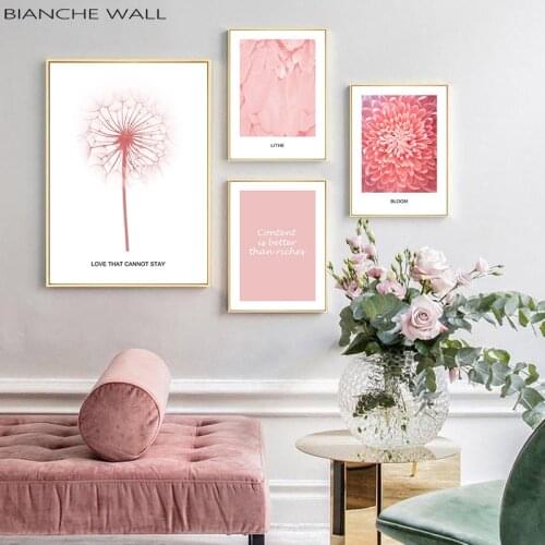Pink Dandelion Feather Flower Wall Art Deco Poster Canvas Painting Art Print Picture Girl Bedroom Wall Home Decor
