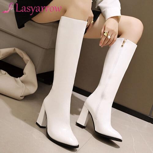 Lasyarrow Plus Size 34-48 Knee High Boots Thick High Heels Shoes Women Western Autumn Winter Boots Cowboy Shoes New Arrival 2020
