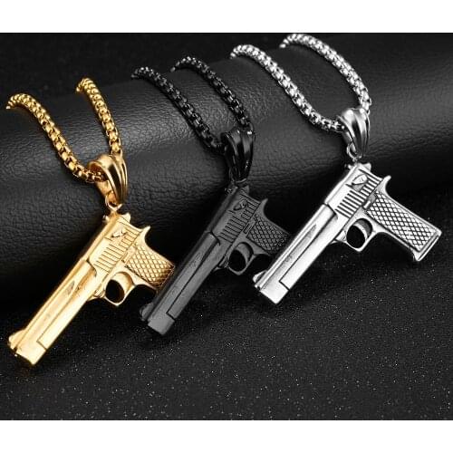 Mens Desert Eagle Gun Stainless Steel Pistol Hand Gun Pendant Necklace 24"