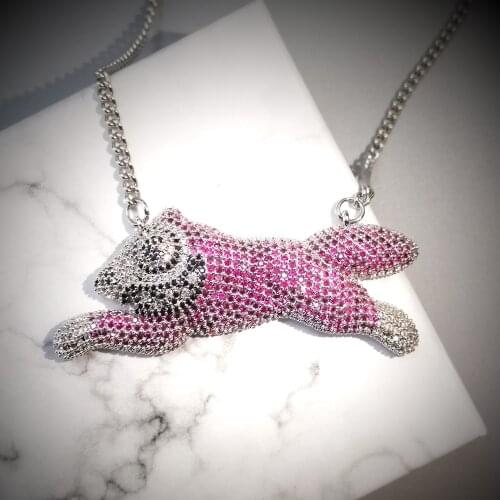 Iced Out Dog Pendant Necklace With Chain Pink Color AAA Zircon Mens Necklace Fashion Hip Hop Jewelry For Gifts
