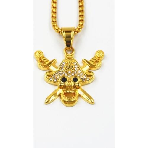 Stainless Steel Mens Taro Knife Punk Jewelry with rhinestone skull Pirate necklace Pendant Ghost Head Accessories