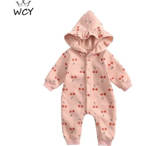 Cherry Print Fleece Padded Newborn Baby Clothing Long Sleeve Warm Korean Cute Pink Baby Girl Winter Clothes 2021