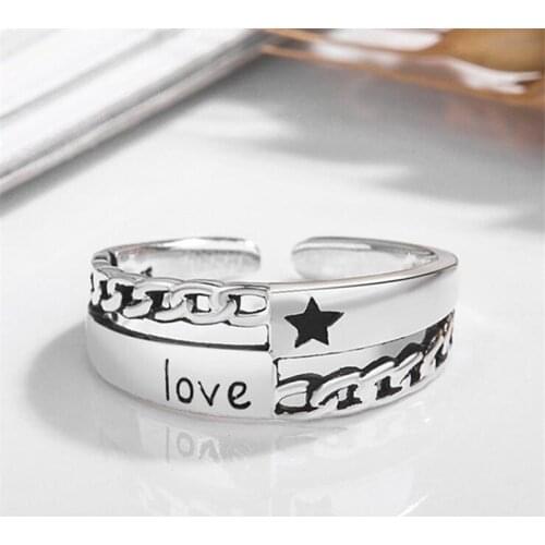 Retro 925 Sterling Silver Five-pointed Star English Letter LOVE Personality Open Rings for Women Girls Lover Gifts Jewelry SR341