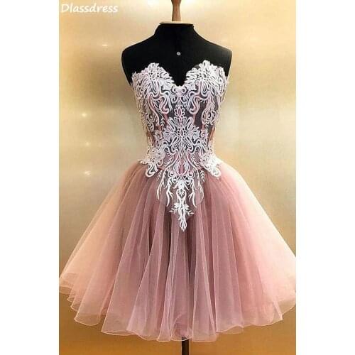 Dusty Pink Cocktail Dress Tulle Applique Sweetheart Neck A-line Strapless Illusion Sleeveless Formal Dress robe de soirée