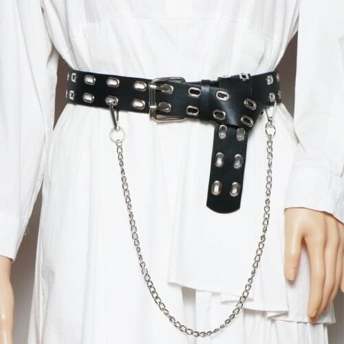Punk Style PU Waistband with Chain Double Layers Metal Hollow Out Waist Belt Street Girls Hip Hop Corset Strap Jean Belt Chain