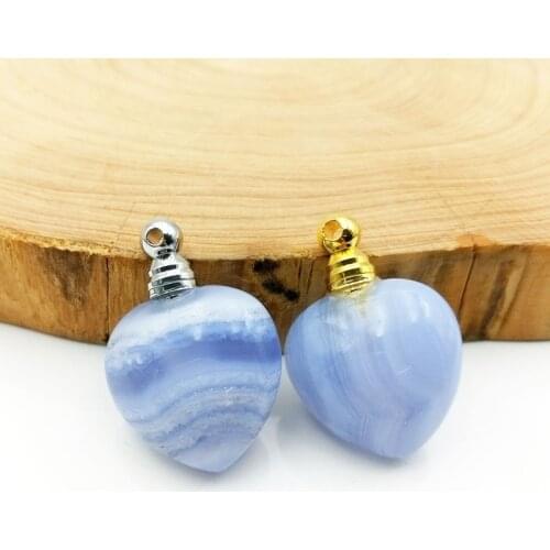 Blue Lace Agates pendant Gems stone Perfume Bottle Agates jewelry Heart shape Essential Oil diffuser vial stainless steel charm