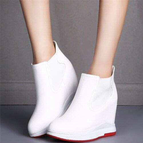 Casual Shoes Women Genuine Leather Wedges High Heel Ankle Boots Female Round Toe Fashion Sneakers High Top Platform Pumps Shoes
