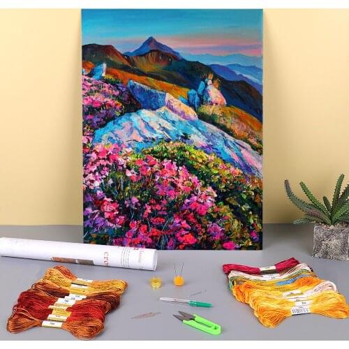 Landscape Rhododendron Printed Water-Soluble Canvas 11CT Cross Stitch Set DIY Embroidery DMC Threads Needlework Sales