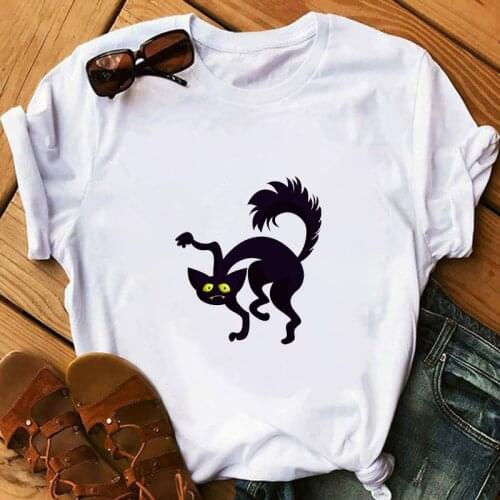 Women Funny Women Graphic T Shirt Short Sleeve Femme Aesthetic White Women T-shirt Fashion Tops Cartoon Tees Black Cat T-shirt