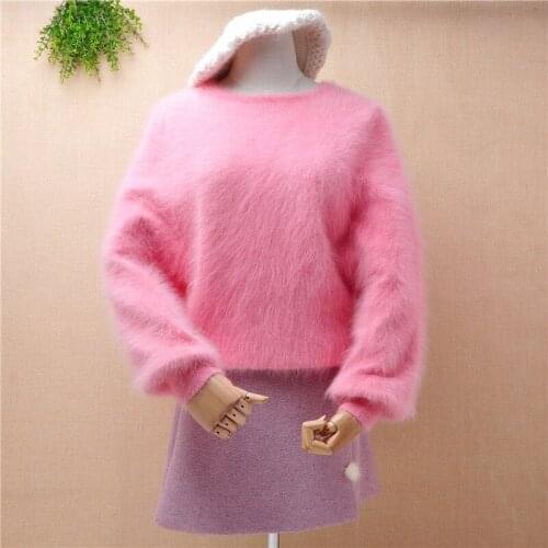 Ladies women hairy fuzzy sweet pink angora rabbit fur long lantern sleeves slim pullover mink cashmere winter jumper sweater top