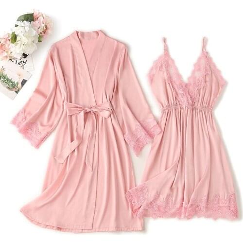 Deep V-neck Strap Robe Sets Sexy Satin Faux Silk Kimono Gown Women Cardigan Sleepwear Casual 2PCS Nightdress Intimate Lingerie