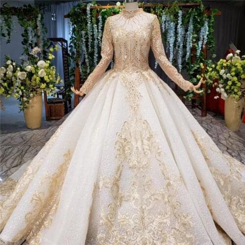 Dubai White Gold Long Sleeve Wedding Dresses 2020 Luxury Vintage Beading Sequined Lace Bridal Gowns BHX0002 Custom Made