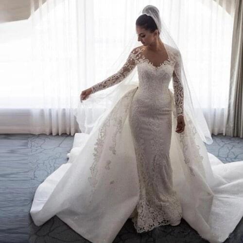 Detachable Wedding Dresses Mermaid Long Sleeves Appliques Lace Bow Dubai Arabic Wedding Gown Bridal Dress Vestido De Noiva