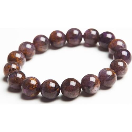 12.5mm Genuine Brazilian Gold Purple Hair Rutilated Quartz Crystal Round Beads Fashion Jewelry Stretch Charm Bracelet Women