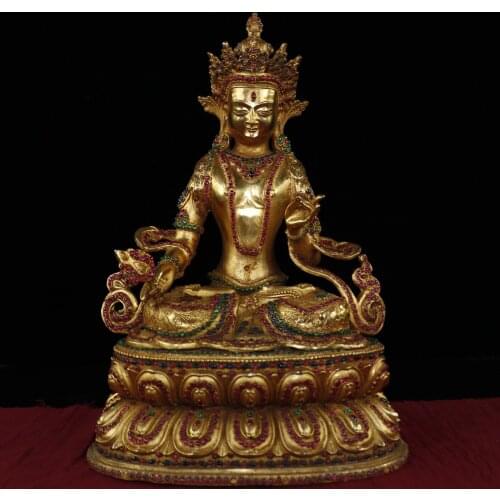 18"Tibet Buddhism Old Bronze Gilt Real gold mosaic Gem Three eyes Green Tara Sitting Buddha Lotus Terrace Enshrine the Buddha