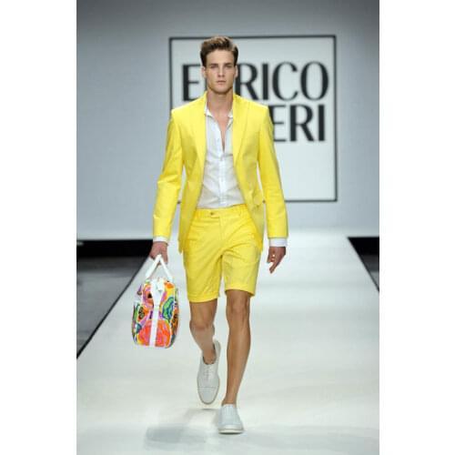 2020 Yellow Men Summer Ternos Slim Fit Suits Wedding Party Mens Prom Casual Beach Suits 2 Pieces Jacket Short Pants Tuxedo Suits