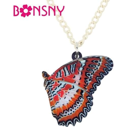 Bonsny Acrylic Spotted Red Butterfly Necklace Pendant Chain Choker Fashion Summer Insect Jewelry For Women Girls Teens Gift Bulk
