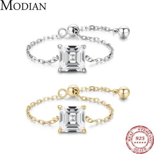Modian 100% Solid 925 Sterling Silver Emerald Cut Square Clear Zirconia Chain Link Finger Ring For Women Jewelry Accessories