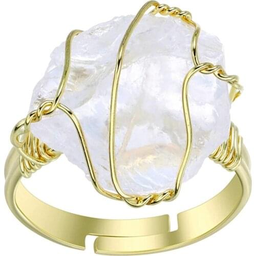 FYJS Unique Light Yellow Gold Color Wire Wrap Irregular Shape Clear Quartz Resizable Finger Ring Citrines Crystal Jewelry