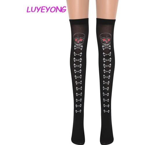Hipster Lady Dark Halloween Thin Contrast Color Street Outdoor Long Sock Black Women Gothic Skull Skeleton Sexy Stockings 2021