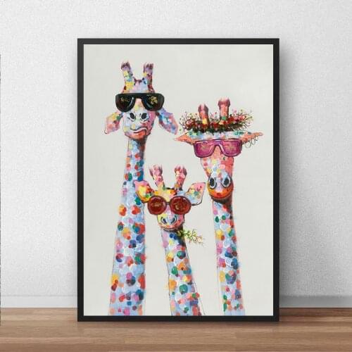 High Definition The Giraffe Family With Glasses Canvas Painting Animal Wall Art Print Posters Colorful Pictures Bedroom
