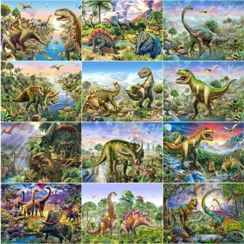Round Diamond Painting Primitive Forest Dinosaur Life Scene Acrylic Material Drawing European Style Living Room Furniture Deco