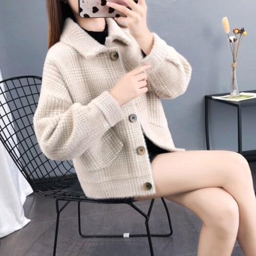 Imitation Mink Velvet Jacket Women Spring Autumn Sweater Loose Plus Size Knitted Cardigan Coat Plaid Windbreaker Outwear