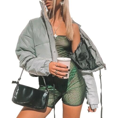 Winter 2020 New Fashion Womens Fashion Reflective Cotton Padded Jacket High Waist Zipper Fly Pocket Womens Leisure Thick Warm