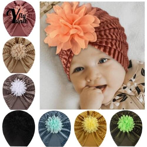 Yundfly Lovely Handmade Flowers Baby Girls Hats Soft Comfortable Golden Velvet Striped Caps Newborn Headwear Photography Props