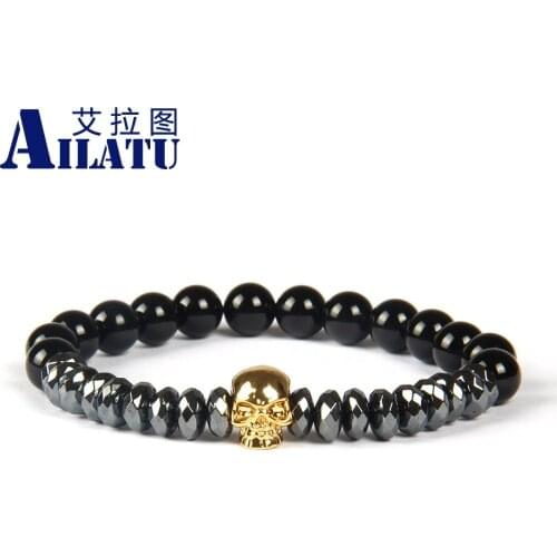 Ailatu Fashion Hematite Stone Jewelry 8mm Black Glass Beads with Magic Skull Bracelet Women and Mens Pulseras Hombre Bracciali