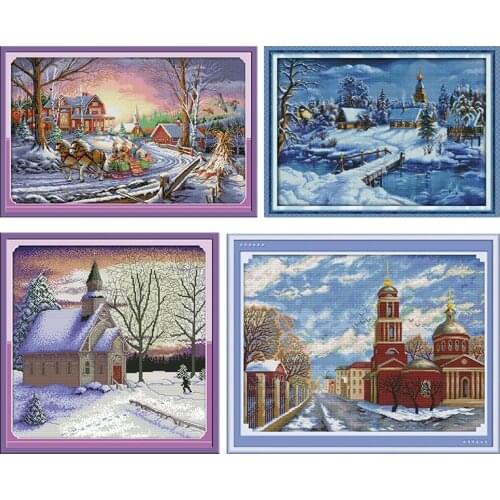 Street Snow Scene Series DIY 14CT Printed Parterns Cross Stitch Kits DMC Canvas Chinese Embroidery Sets for Gift Home Decoration