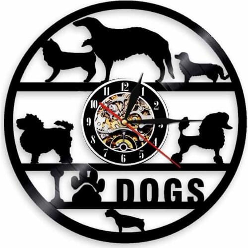 Dog Silhouette Shadow Wall Clock Dog Breeds I Love Dog Vinyl Record Wall Clock Modern Design Animal Art Decor Gift For Dog Lover