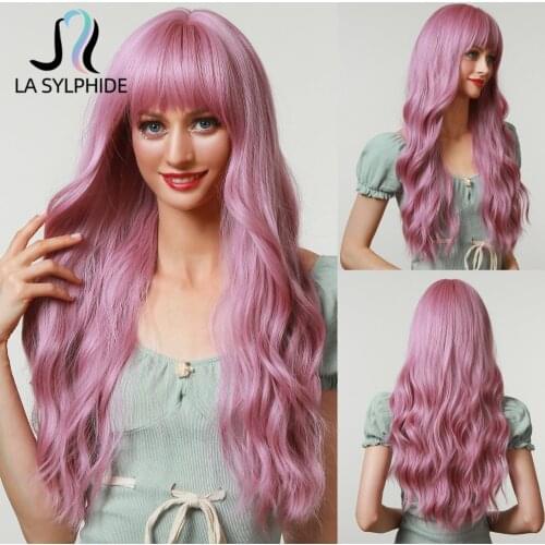 La Sylphide Synthetic Cosplay Wig Long Wave Purple Pink Synthetic Hair Wigs with Bangs for Woman Heat Resistant Fiber Wig Party