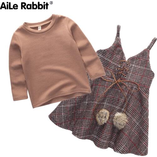 AiLe Rabbit Girls dresses set Spring New Long Sleeve T-Shirt Bottoming Shirt Sling Plaid Dress Cute British style elegant girl
