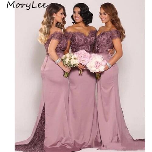 Bridesmaid Dresses Mermaid Off The Shoulder Satin Pleated Lace Crystal Bridesmaid Dresses Zipper Wedding Party Bridemaid Gowns
