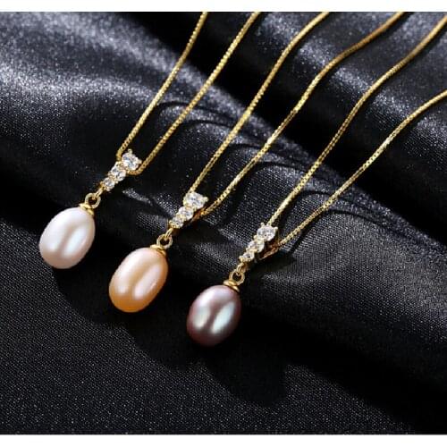 S925 Sterling Silver Gold-Plated Inlaid Natural Freshwater Pearl Pendant Necklace Fashionable Womens Jewelry Cross-Border