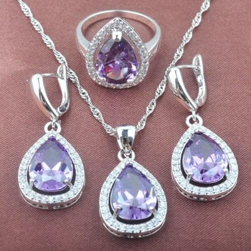 Silver Color Jewelry Set For Women Weedding Purple Zirconia Water Drop Earrings Pendant Necklace Chain Ring TZ0567
