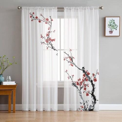 Plum Blossom Ink Chinese Painting Modern Tulle Curtains for Living Room Bedroom Home Kitchen Window Sheer Curtains
