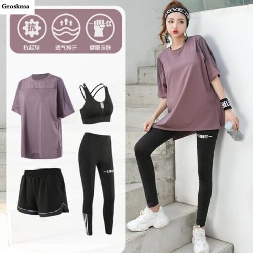Loose T Shirt+Bra+Pants+Shorts Women Yoga Suits Quick Dry Fitness Gym 4 Piece Set Running Sportswear Clothing Plus Size 5XL