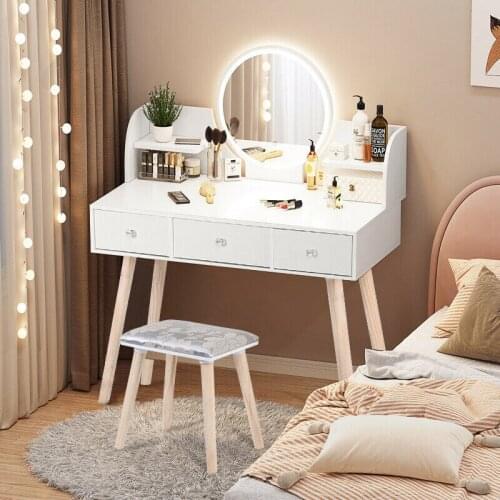 Dressing Table White Vanity Table Set with Adjustable Brightness LED Lights Mirror 3 Drawers and Stool Good for Makeup