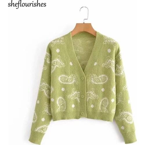 Cropped cardigan women 2021 autumn sweater knitted floral sweater loose v neck tops long sleeve button up cardigan green korean